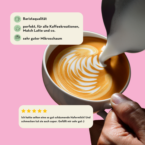 Latte Art entsteht in einer Tasse, in die gerade geschäumte Milch gegossen wird, mit den Claims: Baristaqualität, perfekt für Kaffeekreationen wie Matcha Latte, und sehr guter Mikroschaum. Unten im Bild ein Kundenkommentar: 'Ich hatte selten eine so gut schäumende Hafermilch und schmecken tut sie auch super. Gefällt mir sehr gut :)