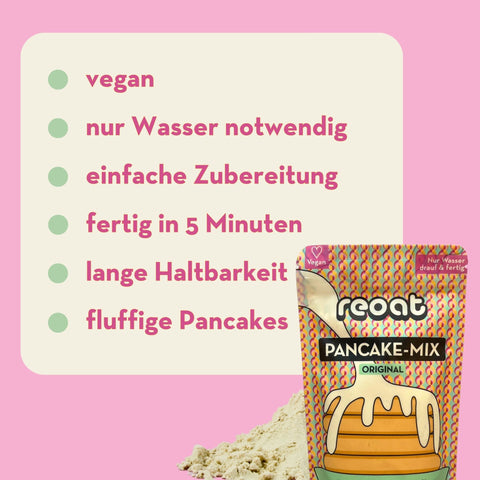 Eine Tüte des Reoat-Pancake-Mixes mit Claims daneben: vegan, nur Wasser notwendig, einfache Zubereitung, fertig in 5 Minuten, lange Haltbarkeit, fluffige Pancakes.
