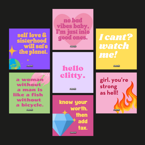 Sticker-Set von Reoat: 'Self love and sisterhood will save the planet', 'No bad vibes baby', 'I'm just into good ones', 'I can't? Watch me!', 'Hello Clitty', 'A woman without a man is like a fish without a bicycle', 'Know your worth then add tax', 'Girl, you're strong as hell'.