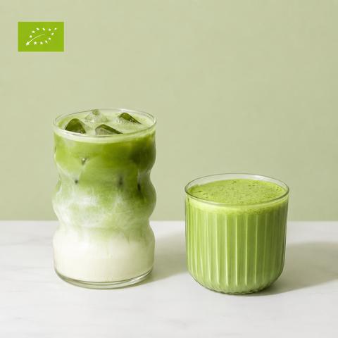 Erfrischender Iced Matcha Latte mit Eiswürfeln als vegane Kaffee-Alternative.