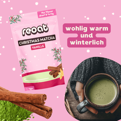 Instant Christmas Matcha Pulver – aromatischer, veganer Winterdrink mit Gewürzen.
