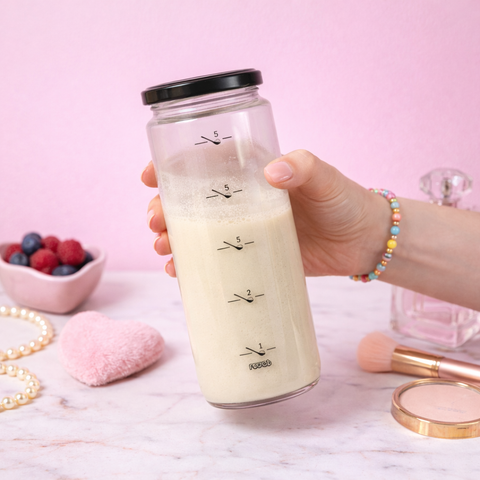 reoat Produktbild einer Schüttelflasche als Glas-Shaker mit schwarzem Deckel und Messskala, gefüllt mit angerührtem cremigem Drink (z. B. Haferdrink/Latte); gehalten in der Hand vor rosa Hintergrund auf Marmortisch mit Beeren, Perlenkette, pinkem Herz-Pad, Parfumflakon und Make-up-Pinsel – praktisches reoat Zubehör für schnelles Mischen von veganen Pulvern, Drinks und Frühstücksmischungen.