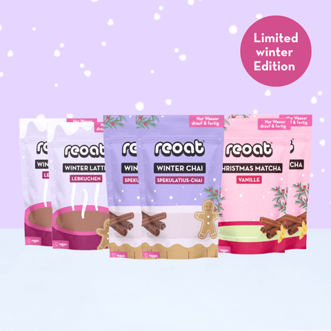 Weihnachtliches Winterdrink-Set mit Matcha, Lebkuchen Latte und Spekulatius Chai – perfekt für gemütliche Momente.